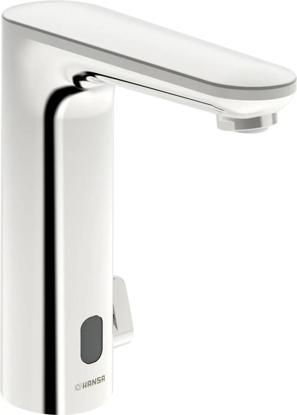 Chromfarbene Waschtischbatterie von HANSA mit Sensor zur berührungslosen Bedienung. Kompakte Bauform mit modernem Design und seitlichem Hebel.